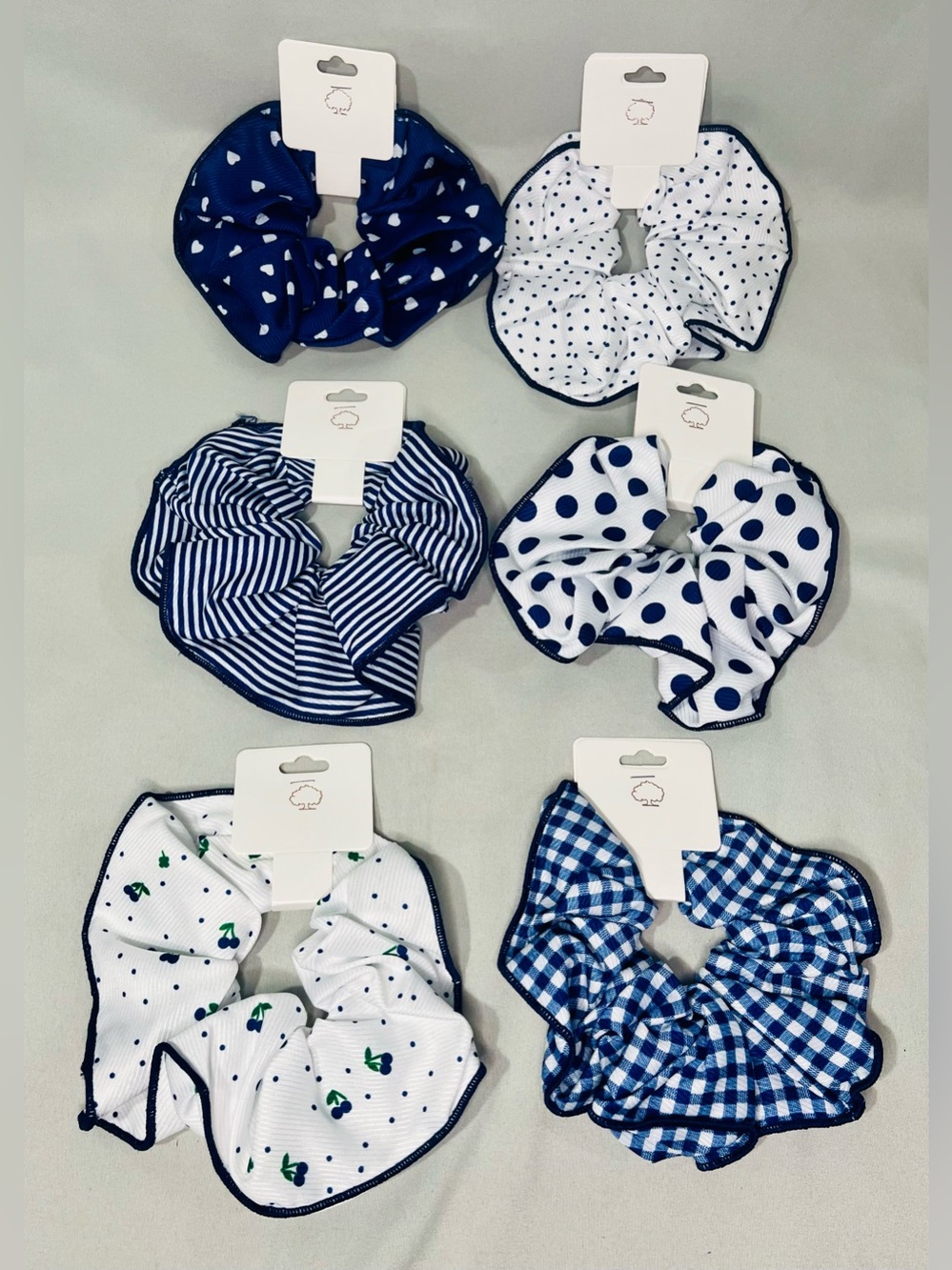 6 Pack Navy & White Patterned Hair Scrunchie Set